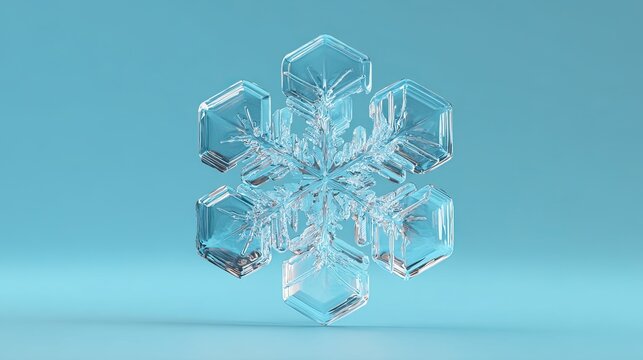 A detailed, translucent ice crystal snowflake with six symmetrical arms set against a soft blue background.