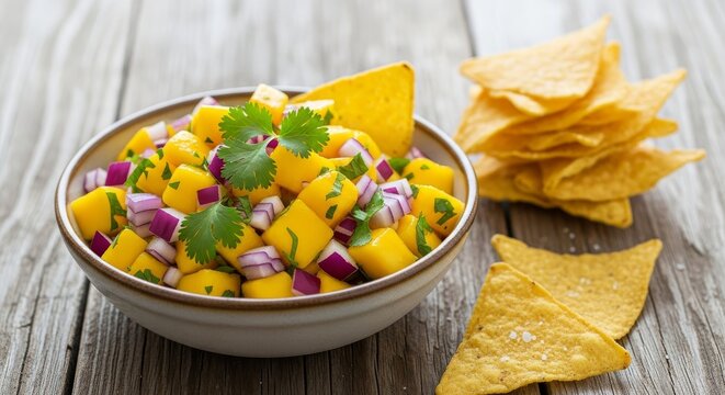 Vibrant mango salsa featuring diced fruit, red onion, and cilantro served in a bowl alongside crunchy corn tortilla chips on a rustic table, culinary, corn, plant-based