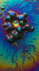 Fototapeta premium Macro photography of iridescent fluid creating swirling abstract shapes and flowing textures that resemble biological cells and roots, bubbles, sinuous, mix