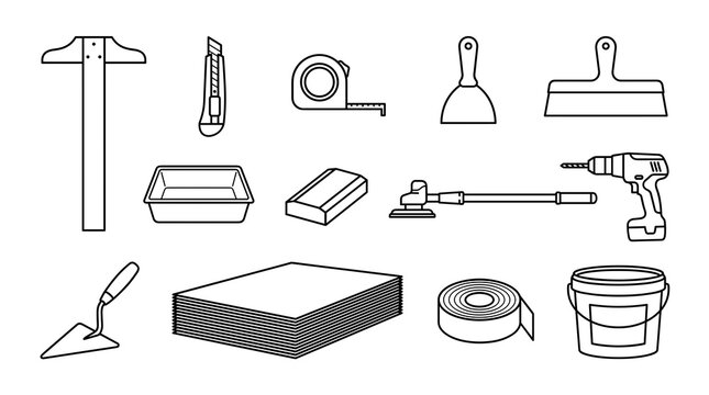 Black and white line art vector set of drywall tools and equipment featuring putty knife, drill, trowel, measuring tape, and joint compound bucket.