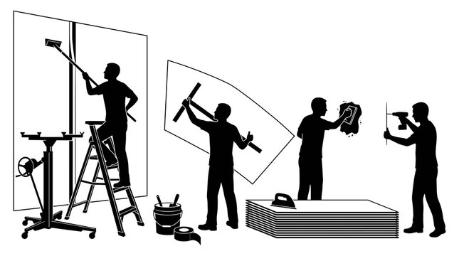 Silhouette vector of builders doing drywall installation, featuring workers taping, carrying panels, and drilling plasterboards.