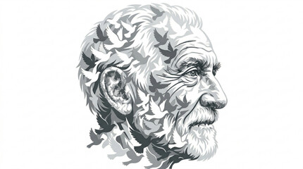 Obraz premium Elderly man face with dove silhouettes peaceful expression gray and white illustration contemplative mood serene atmosphere dove motifs symbolic artwork inspirational motivational