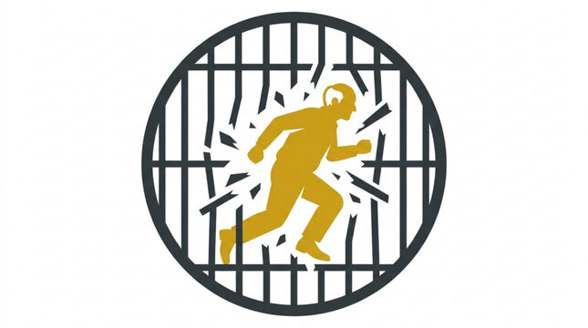 Man breaking free from prison bars in circular cage symbolizing freedom and escape
