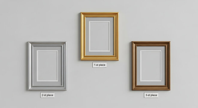 Set of three gallery picture frames with different metallic finishes on plain wall metallic interior minimalist aesthetic composition