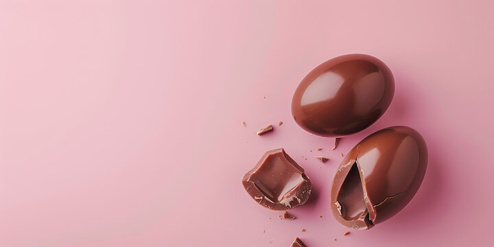 three chocolate easter eggs with broken pieces isolated on transparent background