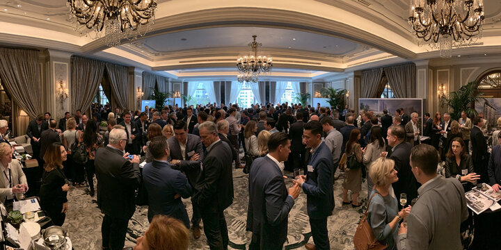 Business Conference Networking Mixer: Professional Event with Diverse Participants in Hotel Reception Area