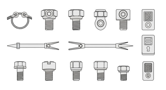 Collection of various metal fasteners and tools.
