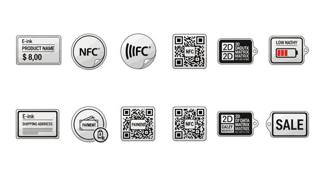 Collection of various NFC tags and QR codes.