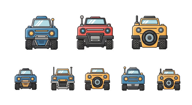 Colorful cartoon jeeps in different poses.