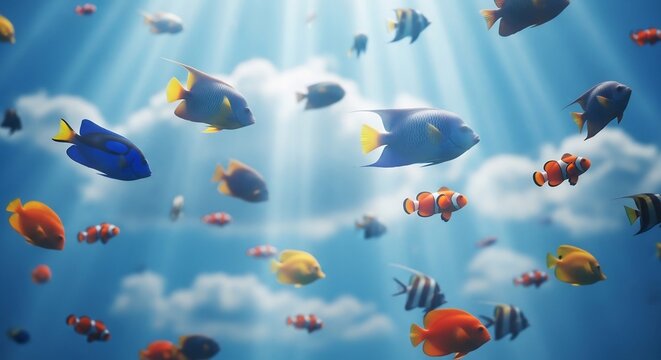Vibrant School of Tropical Fish Swimming in a Dreamy Underwater Sky.