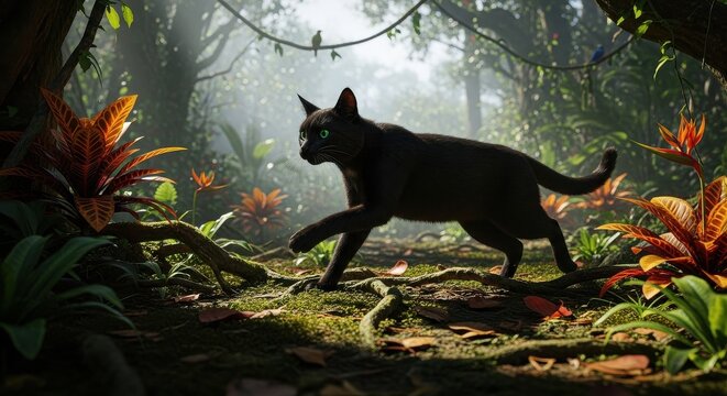 Black Cat with Green Eyes Stalks Through Lush Jungle Forest Floor