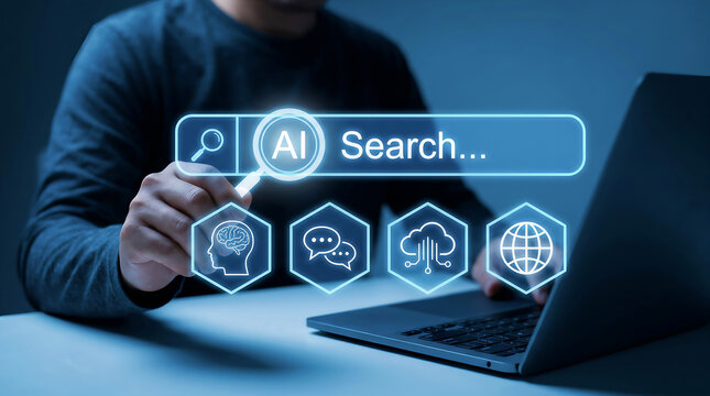 Concept of AI Search Engine Optimization with Person Using Laptop and Futuristic Digital Interface