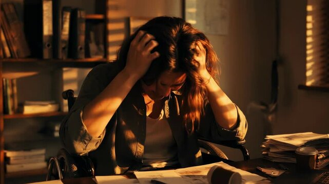 Distressed woman in a wheelchair sitting at a cluttered desk and clutching her head in frustration, expressing burnout, work stress, and emotional exhaustion in a home office setting at sunset.