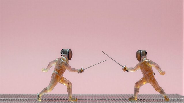 Two translucent fencers clash swords on a grid poised for duel