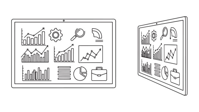 Dark outlined analytics dashboard interface with charts graphs settings and business icons