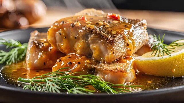 Deliciously Glazed Pork Belly Bites with Fresh Dill and Lemon.