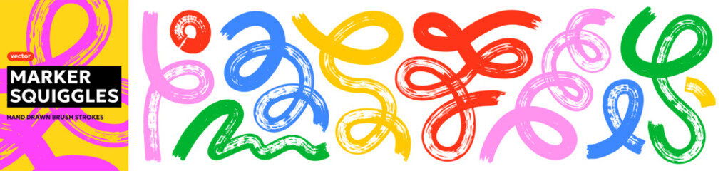 Colorful marker squiggles and doodle swirl set with bold hand drawn loops and curly strokes. Funky abstract shapes for posters, social media, branding and modern graphic design. Vector illustration. © IRYNA