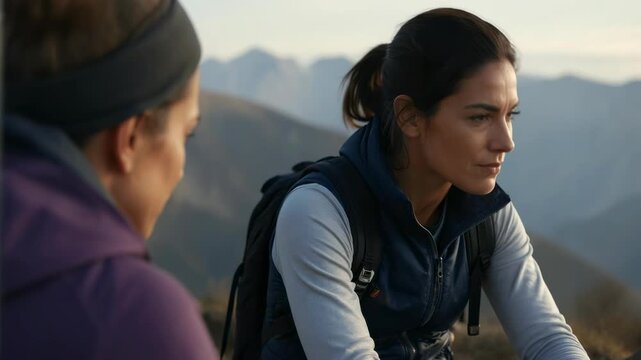 Two women engaged in a deep and thoughtful conversation while hiking in the mountains during the golden hour, capturing the essence of friendship, connection, and outdoor adventure in nature.