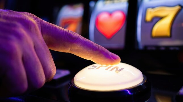 Close-Up of a Hand Pressing the Spin Button on a Colorful Slot Machine in a Casino Setting