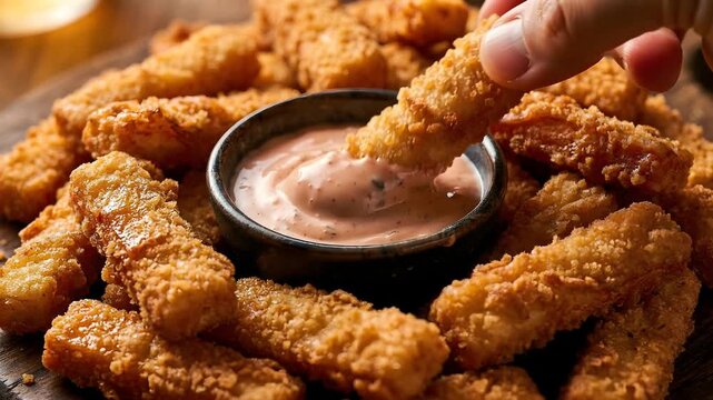 Hand dipping a golden crispy fried snack stick into a creamy savory sauce, surrounded by more delicious appetizers on a dark wooden table, perfect for sharing