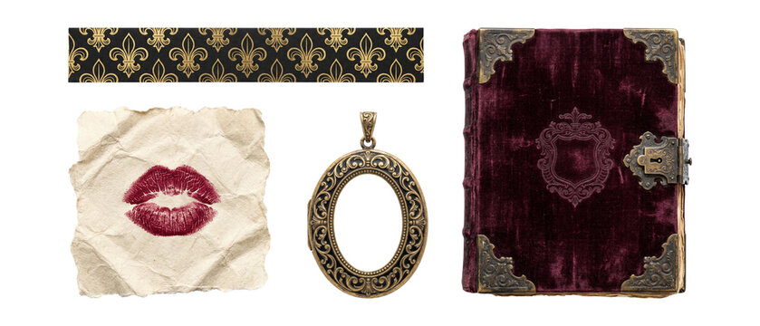 PNG Dark romance scrapbook set with vintage velvet book antique gold locket lipstick kiss mark on crumpled paper and fleur de lis ribbon isolated on transparent background