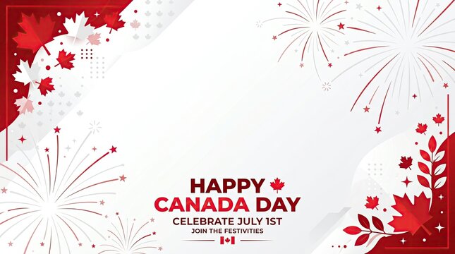 Happy canada day july 1st celebration with red maple leaves and fireworks on white background.