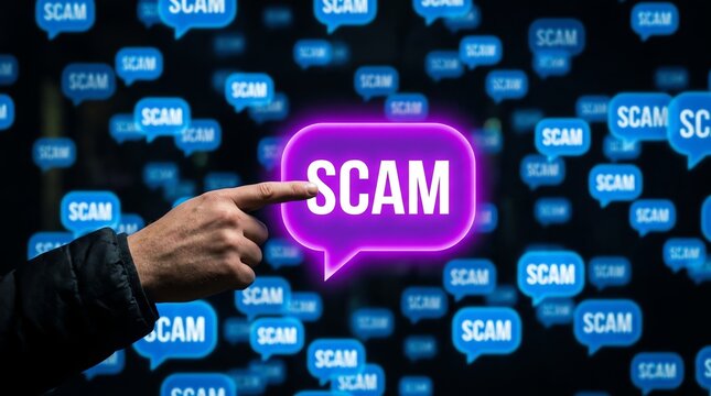 Beware of fraudulent schemes a hand points to a glowing speech bubble with the word 'scam' amidst a digital background of similar words