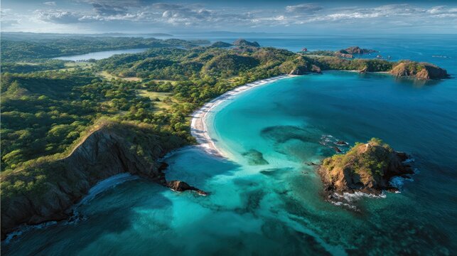 A breathtaking vista of a tropical beach, showcasing vibrant turquoise waters lapping at a pristine white sand shoreline, framed by lush green hills and dramatic coastal formations.