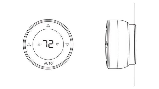 Smart thermostat control interface with temperature display and side view on dark background