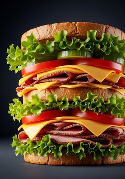 A towering gourmet sandwich displays vibrant layers of fresh greens, ripe tomatoes, melted cheese, and savory meat against a dark backdrop, focus, fresh, organic