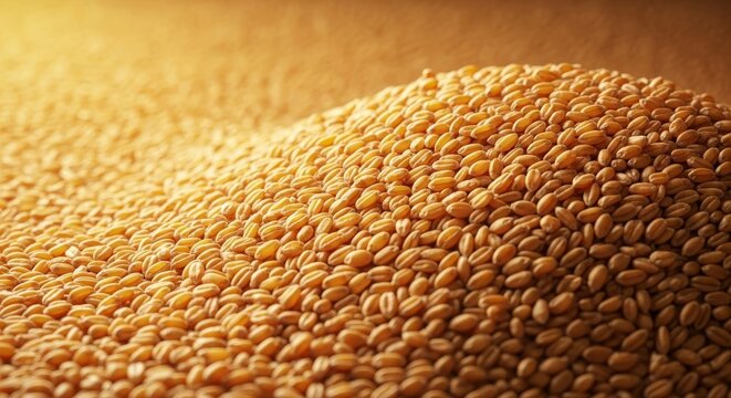 Close-up of golden wheat kernels arranged in a flowing wave pattern, creating a natural sense of motion and repetitive aesthetic texture, wave, harvest, staple