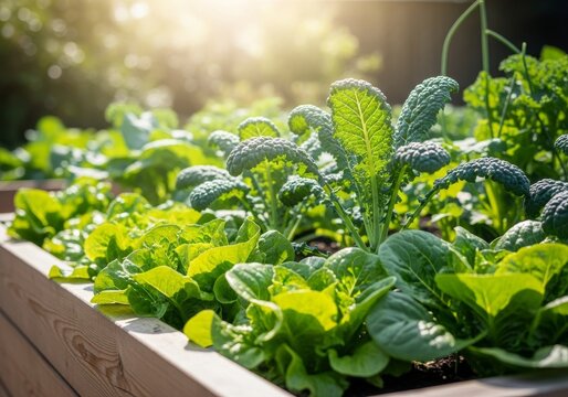 Lush green lettuce and leafy kale thrive in a rustic wooden raised garden bed under bright sunlight, showcasing a healthy backyard harvest, vibrant, growth, summer