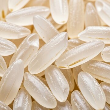 A stunning extreme close-up of raw white rice grains showcasing intricate textures, translucent edges, and subtle light reflections, natural, dry, shiny