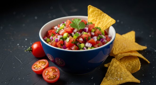 Fresh tomato salsa in a designer ceramic bowl with crisp corn tortilla chips on a dark textured background, elegant high-end food styling, food, bowl, corn