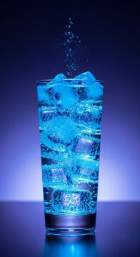 A tall crystal glass filled with a refreshing carbonated beverage glows under vibrant neon blue light with ice cubes and rising bubbles, lighting, cold, macro