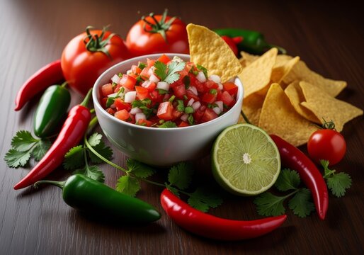 Delicious bowl of fresh tomato salsa on a dark wooden surface with lime, cilantro, chili peppers, and tortilla chips with room for text, salsa, organic, corn