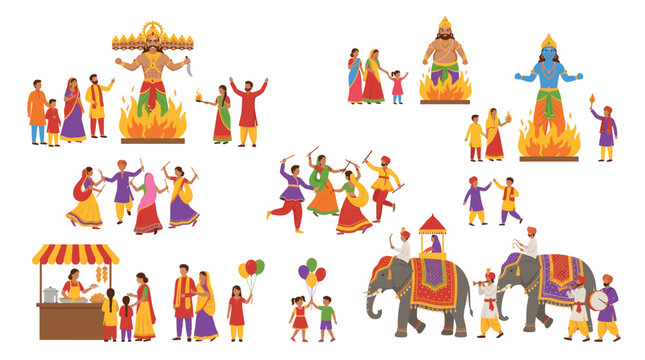 Colorful flat vector set of Dussehra festival scenes with burning Ravana effigy, garba dancers, food stalls, kids, and elephant procession.