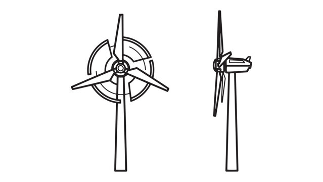 Outline illustration of wind turbine rotor blades and nacelle on black background
