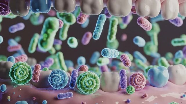 Colorful 3D Visualization Of Microorganisms In An Oral Environment Demonstrating Dental Health Intricacies And Their Impact On Oral Care