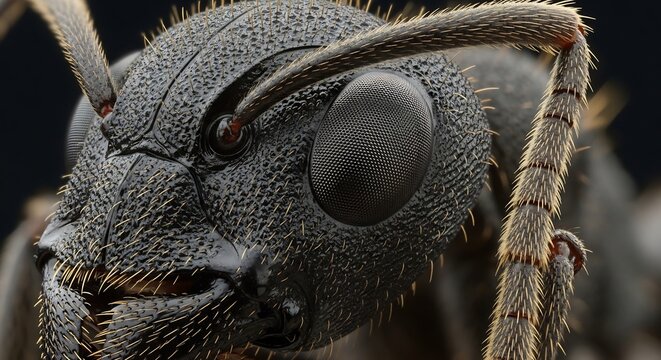 Extreme Macro Close-up of a Black Ants Head and Antennae.