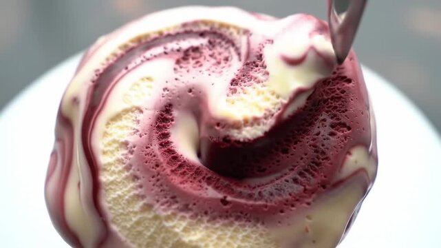 Closeup of swirling vanilla and berry ice cream being scooped with a spoon, creamy texture and vibrant colors