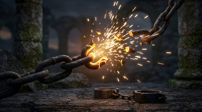 Broken chains with glowing sparks flying