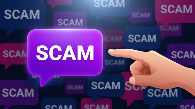 Beware of online scams a hand points to a speech bubble warning of fraud and deception