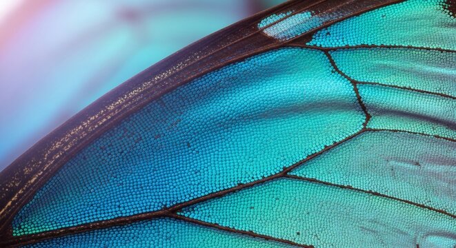 Macro view of iridescent blue butterfly wing veins and scales.