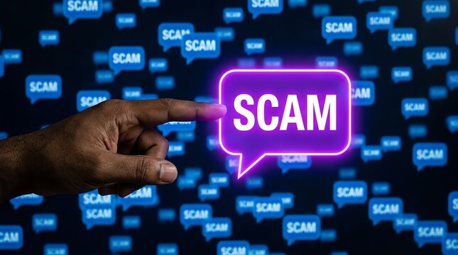 A hand points to a glowing purple speech bubble with the word 'SCAM' as many smaller 'SCAM' notifications appear in the background