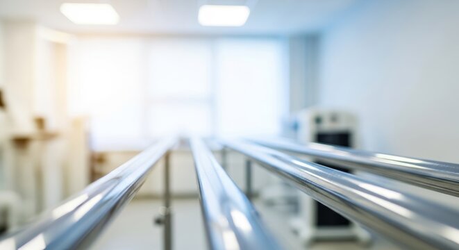 Close up view of medical equipment for physical therapy and mobility rehabilitation in a bright clinical setting with steel parallel bars, metal, floor, stability