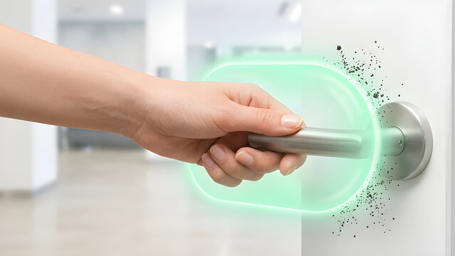 Realistic photo of a hand reaching for a door handle enveloped in a glowing green forcefield repelling micro particles.