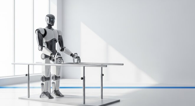 A sleek medical robot provides support along metal parallel bars in a bright rehabilitation clinic with a clean and minimalist aesthetic, health, bars, hospital