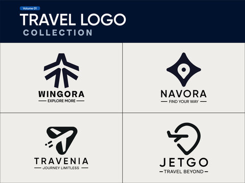Modern travel logo collection featuring minimal and professional vector logo designs for travel agencies, tourism brands, aviation startups, booking platforms, and transport businesses. Clean geometri