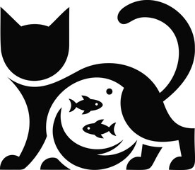 Black silhouette of cat with fish in belly  simple animal illustration © Shahin Stock